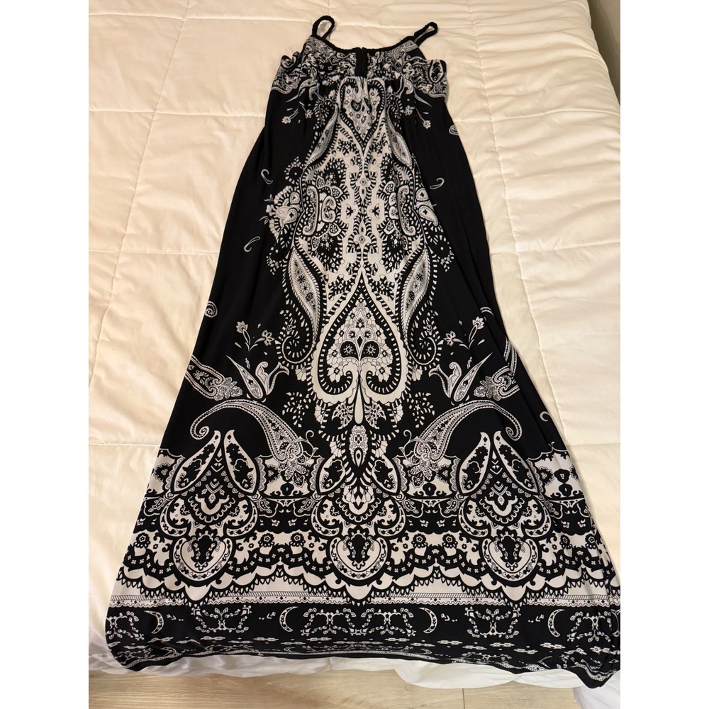 En Focus Studio Black White Paisley Maxi Dress Braided Strap Size 14 Boho
